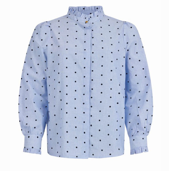 Chambray Button Front Shirt w/Navy Dots and Small Ruffle on Neck and Sleeve by Sunday.