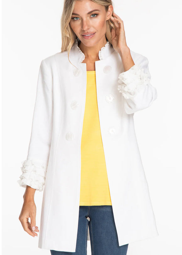 White Double Button, Lined Jacket w/Standup Collar and 3/4 Sleeve w/Ruffles by Multiples.