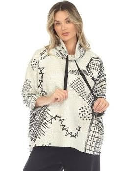 Black/Cream Graphic Print, Cowl Neck, Textured,  Oversized Top w/Front Pocket by Inoah.