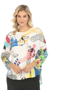 White Round Neck, Raglan Sleeve Knit Top w/Multi Colored Print “Lovely Dogs” w/Hi-Lo Hem by Inoah.