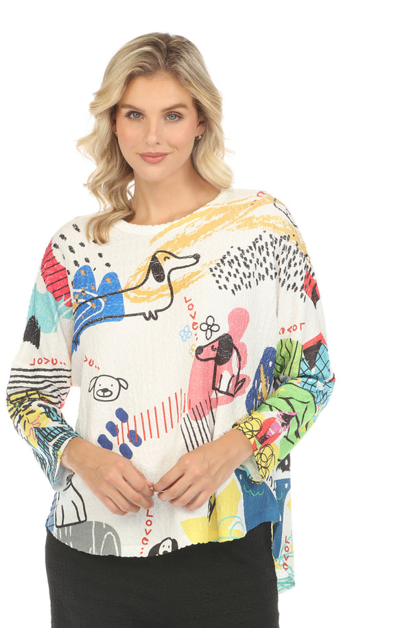 White Round Neck, Raglan Sleeve Knit Top w/Multi Colored Print “Lovely Dogs” w/Hi-Lo Hem by Inoah.
