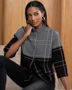 Black w/White Multi Pattern, Round Stand Up Collar, 3/4 Sleeve, Gold Snap Button Front Sweater/Jacket by Alison Sheri.
