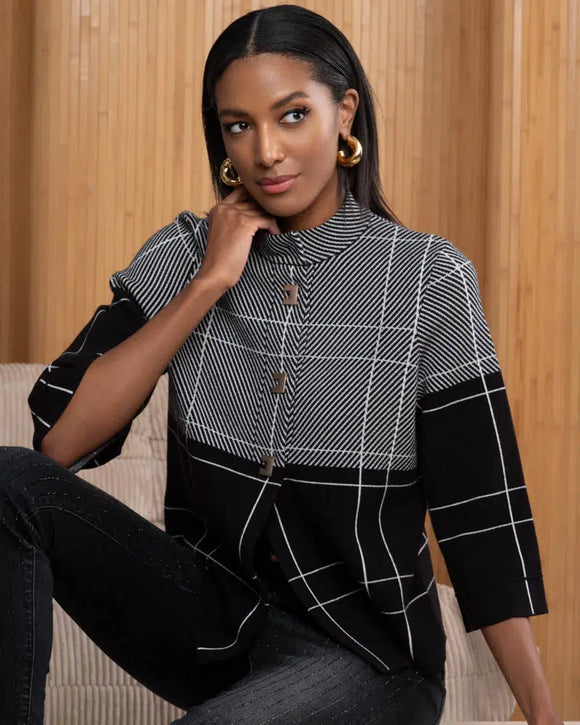 Black w/White Multi Pattern, Round Stand Up Collar, 3/4 Sleeve, Gold Snap Button Front Sweater/Jacket by Alison Sheri.