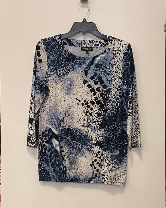 Cream/Navy/Grey Scoop Neck, 3/4 Sleeve, Graphic Print Top w/Elastic Bottom by Sunday.