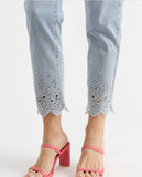 Lite Blue Denim Button Front Jeans w/Floral Cutouts and Bling on Scalloped Hem by Orly.