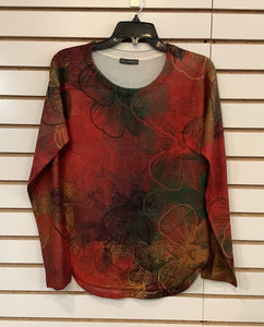 Chili Red, Green, Gold Scoop Neck, Muted Floral Print, High Low Hem, Knit Top by Nallie & Millie.