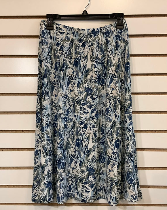 Blue/White/Green Round Neck, Floral Abstract Flared Skirt w/Elastic Waist by Sunday.