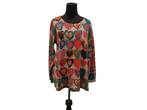 Beige Heather Sweater w/Multi-Colored Hearts, Long Sleeve, Round Neck by Shana.