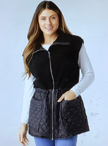 Black Mixed Sherpa Quilted Nylon Zippered Draw String Vest w/Front Pockets by Coco + Carmen