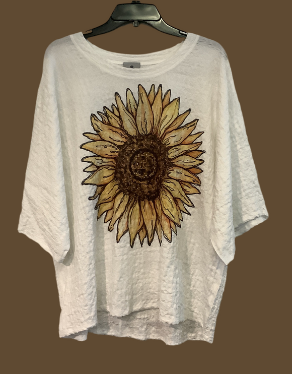 White Round Neck, Raglan Short Sleeve Knit Top w/ Large Sunflower by Inoah.