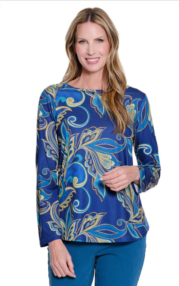 Multi-Colored Greens, Navy, Abstract Paisley Print, Long Sleeve, Scoop Neck Top by Multiples.