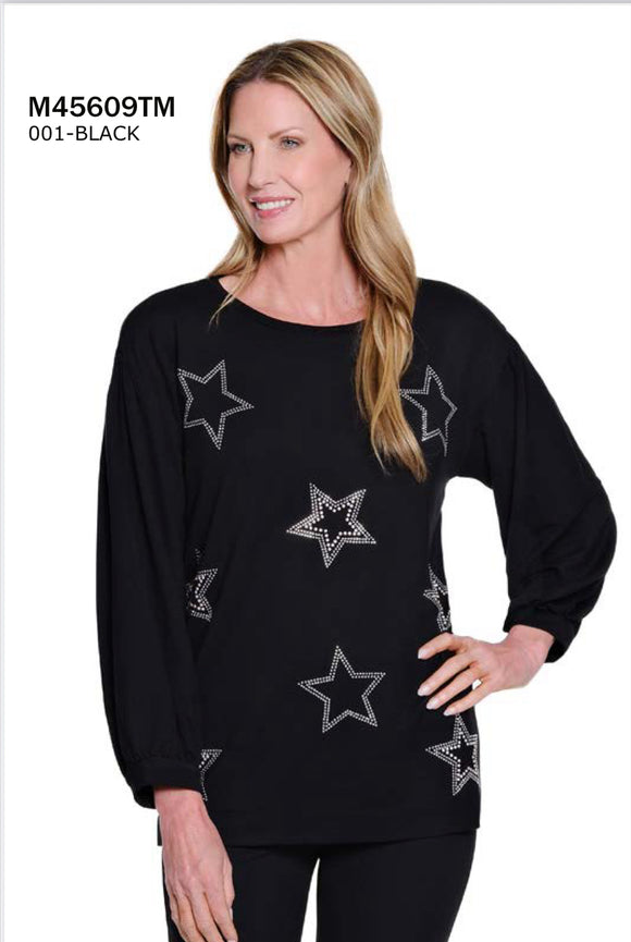 Black, Crew Neck, 3/4 Sleeve Top, w/ Silver Star Embellishments by Multiples.