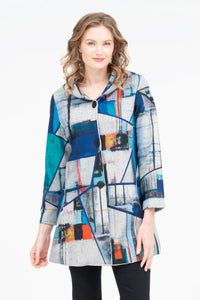 Blue, Grey Multi-Colored Abstract Print, Super Soft Brushed Flannel, Hooded Mid-Length Coat w/Hood by Damee.