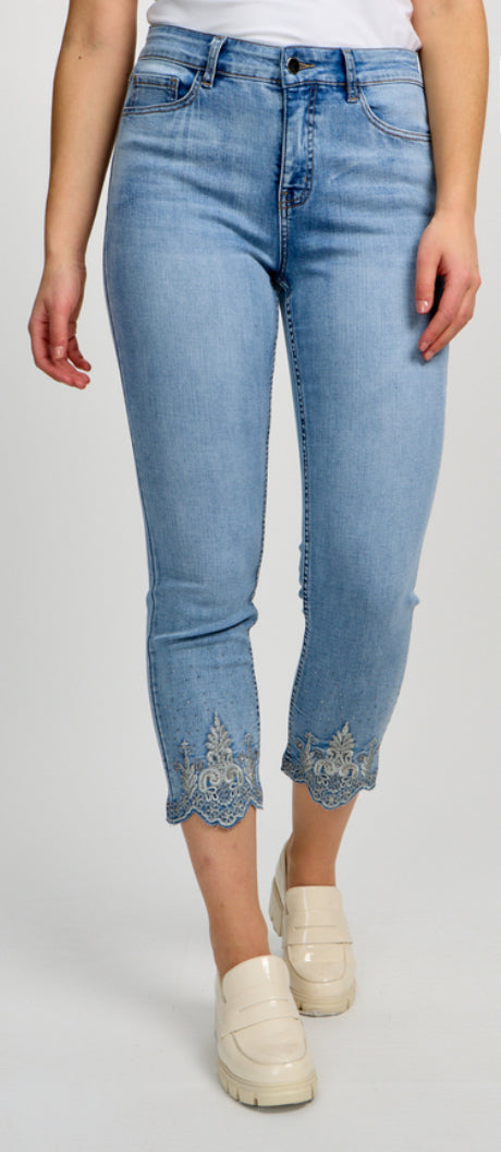 Medium Blue Denim Button Front Ankle Jeans w/and Bling and Scalloped Hem by Orly.