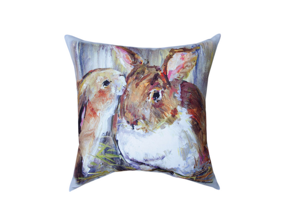 Adorable Kissing Bunnies Pillow by Climaweave.  18”x18”