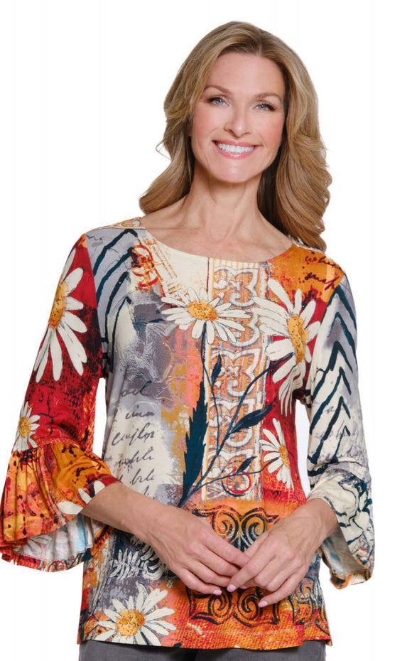 Cream/Grey/ Gold Floral Graphic Print Top w/Subtle Sparkle, 3/4 Flounce Sleeve and Bateau Neck by Multiples.