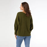 Army Green Boat Neck, Lattice Back Detail Sweater Oatmeal Scoop Neck by Coco + Carmen.