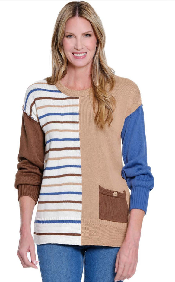Brown/Cream/Blue Round Neck, Long Cuffed Sleeve, 1-Pocket Sweater by Multiples .