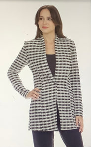 Black/Ivory Long Sleeve, Light Weight Houndstooth, MIDI Length Sweater w/Silver Thread Accent by Rain and Rose.