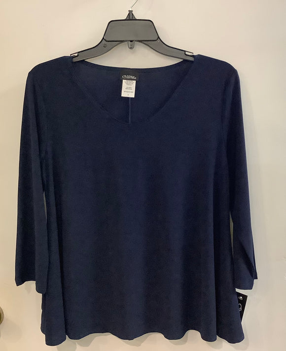 Navy V-Neck Flared Tunic Top w/ 3/4 Sleeve by Caribe