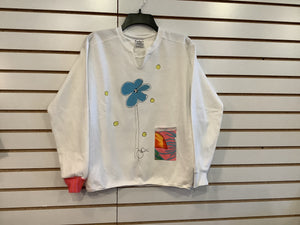 Kunky’s Hand Painted Sweatshirt White w/Aqua and Coral Flowers Accents.