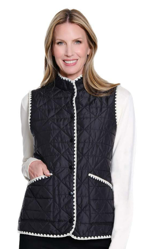 Black Quilted, Snap Front, 2 Pocket, Stand Up Collar Vest w/White Shell BlanketStitch Trim by Multiples.