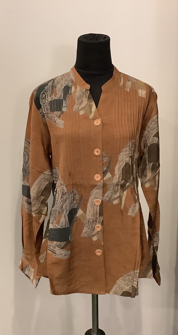 Copper/Grey Graphic Design, Long Sleeve, Button & Pleated Front Tunic Top by Shana.