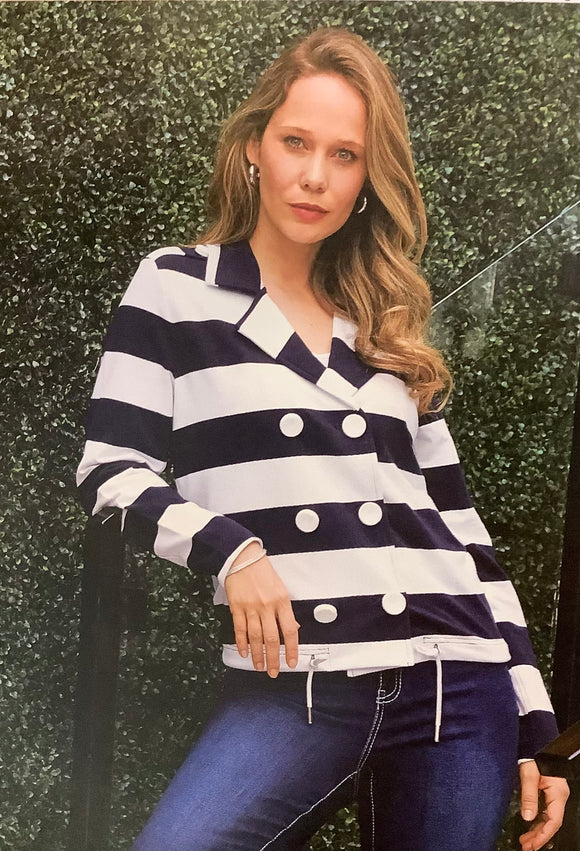 Navy/White Striped Double Breasted, Long Sleeve Jacket w/Draw String Bottom by Orly.