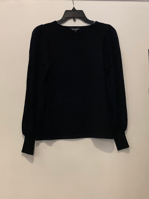 Black Long Sleeve Round Neck Sweater with stripped Sheer Sleeves by Sunday.Cardigan
