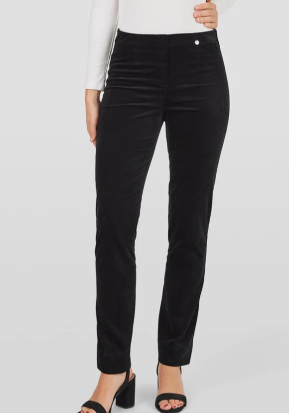 Black, Marie Soft Stretchable Velvet, Slim Fit Pull-On Pants w/Faux Pocket by Robell.