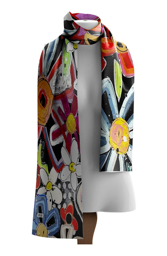 Black Multi-Colored Floral Print Scarf. Wearable Art!