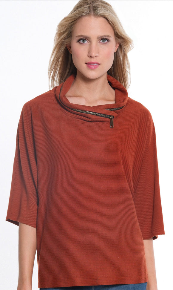 Cinnamon Ribbed, Elbow Length Dolman Sleeve, Zipper Cowl Neck Knit Top w/Hi-Lo Hem by Multiples.