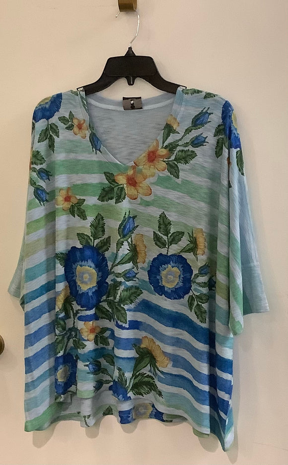 Sky Blue Round Neck, Raglan Sleeve, Hi-Lo Hem Knit Top w/ Blue and Gold Flowers by Inoah.