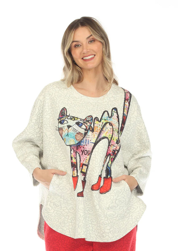 Multicolored One Size, Cat Print, Textured, Round Neck, Drop Shoulder, Long Sleeve Top by Inoah.