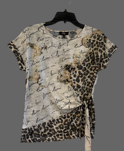 Mixed Print with Shades of Tan, Black, and Gold Knitted Top With Side Tie by Orly.  Subtle Glass Bead Accents Across Front.
