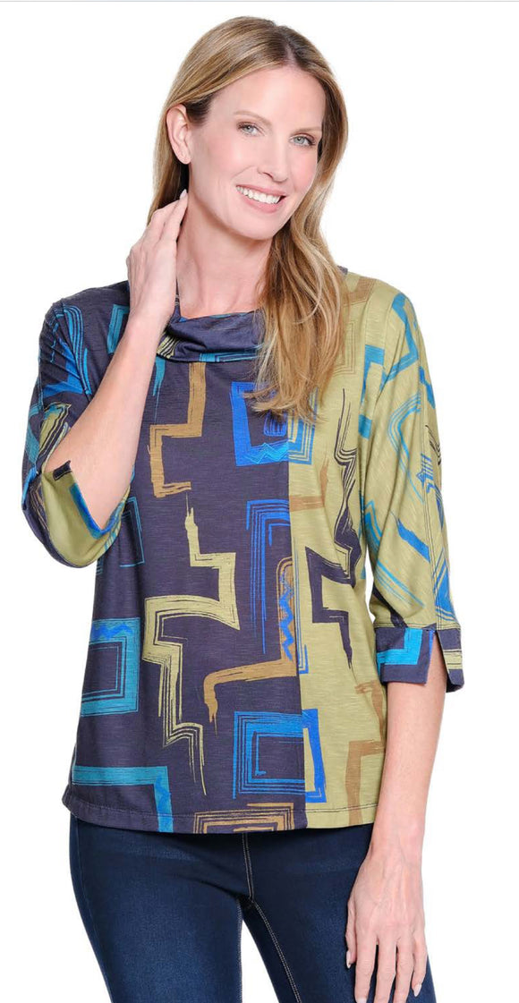 Multi-colored Aqua, Lime Green,Black, Blue Abstract Print, 3/4 Dolman Sleeve, Loose Turtleneck Top by Multiples.