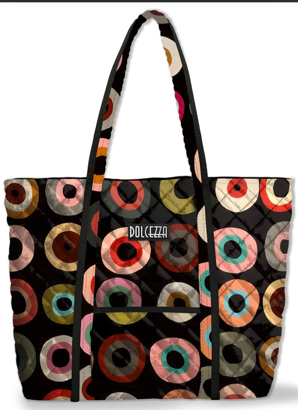 Nylon Black Multi-Colored Circle Graphic Tote. Work of Art 14”x 18”