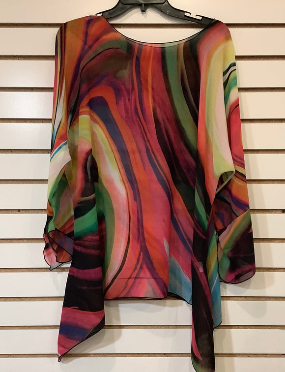 Fuchsia Multi-Colored Swirl Design,One Size, Sheer Tunic with 3/4 Sleeves by Lior of Paris
