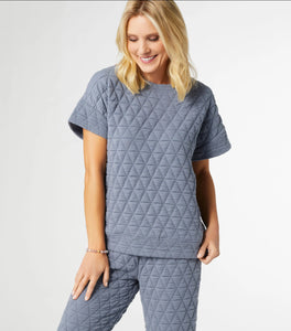 Grey/Blue Round Neck, Soft Quilted, Cap Sleeve Top by Coco + Carmen