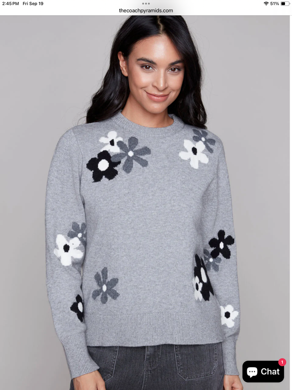 Grey Scoop Neck Sweater w/Black, Dark Grey and  White Flowers by Carre Noir.
