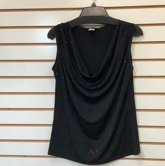 Black Drape Neck Silky, Sleeveless Tunic with Subtle Black Sequin Detail by Sea and Anchor.