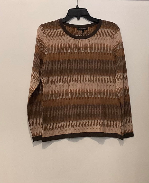 Brown, Gold, Grey Long Sleeve, Round Neck Sweater /w Brown Trim on Neck and Hem by Sunday.