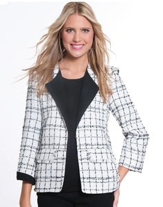 Black/White Open Front, Window Pane Design Jacket w/ Front Pockets and w/Black Faux Suede Trim on Lapels/Cuffs by Multiples.