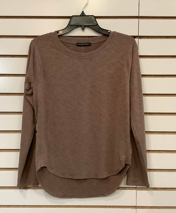 Mocha Scoop Neck,Long Sleeve, High Low Hem Knit Top by Nallie & Millie.