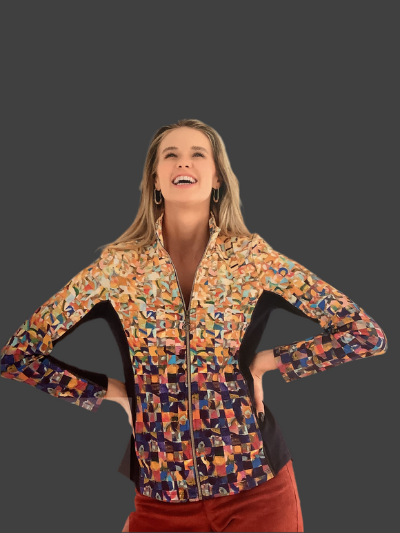 Multicolored Graphic Print Knit Jacket in Shades of Orange, Red and Black with Black Accents, Zip Front and Stand Collar by Dolcezza.