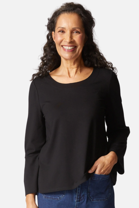Black Slightly Flared, Core Travel, Banded Scoop Neckline, Pleated Button Detail on Long Sleeve Tee by Habitat.