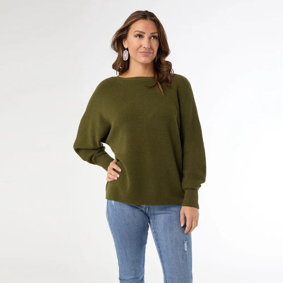 Army Green Boat Neck, Lattice Back Detail Sweater Oatmeal Scoop Neck by Coco + Carmen.