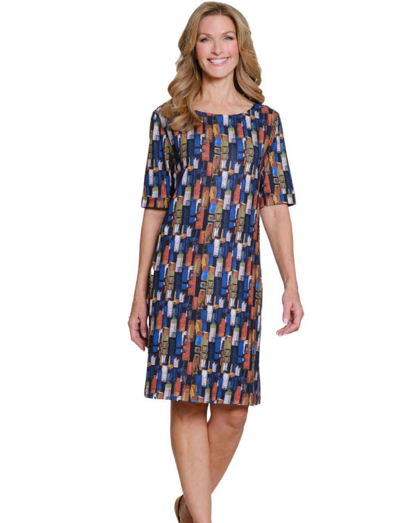 Black/Green/Gold/Blue Block Print, Wide Neck, Elbow Sleeve A-Line Dress by Multiples.