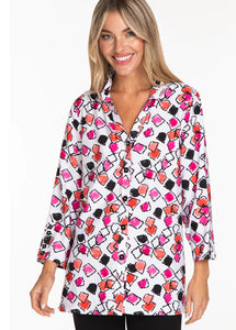 White/Orange/Fuchsia/Black Wired Standup Collar Blouse w/ 3/4 Sleeves and Contrasting Black Buttons by Multiples.