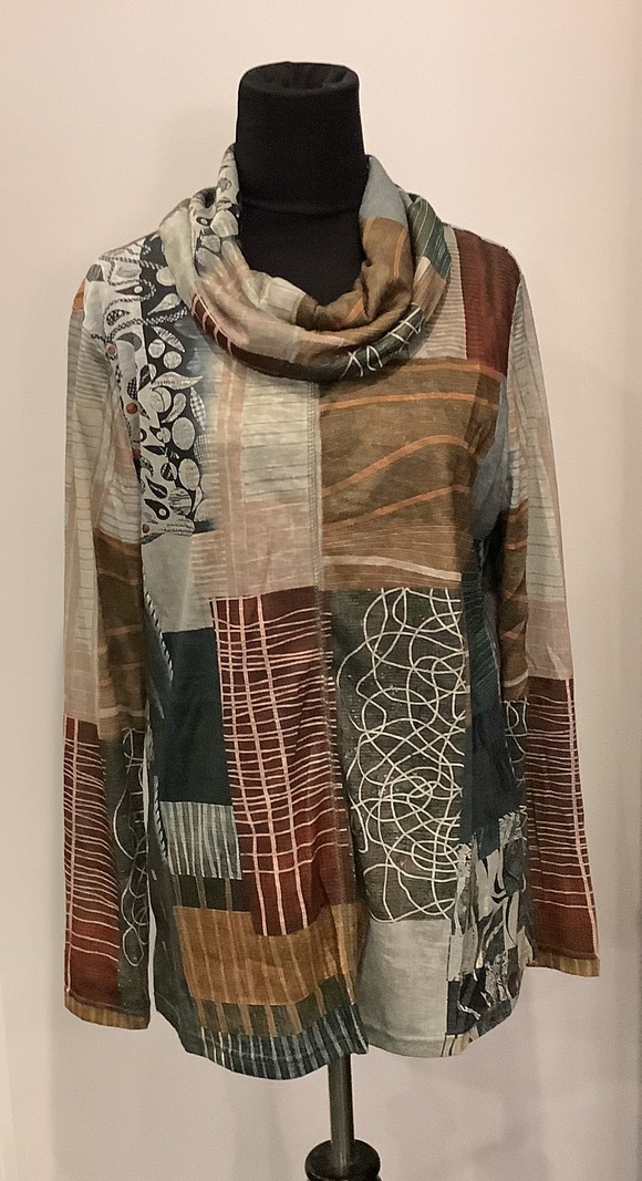 Shades of Green and Rust Graphic Design, Cowl Neck, Long Sleeve, Lined Tunic Top by Shana.